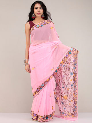 Baby Pink Aari Embroidered Georgette Saree From Kashmir - S031704626