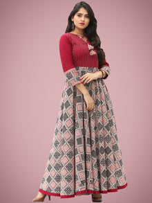Fiza - Maroon Beige Hand Block Bagh Printed Urave Cut Long Dress - D397F2088