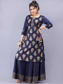 Aalia - Indigo Gold Block Print Kurta & Skirt Dress With Tassels - D380F2001