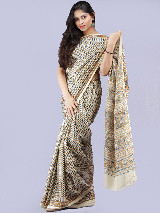 Ivory Indigo Mustard Ajrakh Hand Block Printed Modal Silk Saree - S031704232