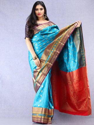 Banarasee Art Silk Saree With Resham Zari Weave - Sky blue Red & Gold - S031704380