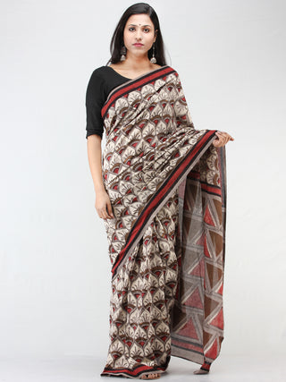 Beige Brown Red Hand Block Printed Cotton Mul Saree - S031704454