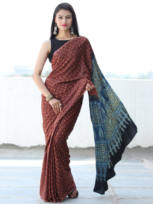 Maroon Rust Indigo Black Bandhej Modal Silk Saree With Ajrakh Printed Pallu & Blouse - S031703874