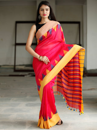 Red Yellow Purple Handwoven Linen Jamdani Saree With Tassels - S031703775