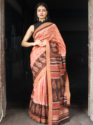 Rosewood Ivory Black Chanderi Silk Hand Block Printed Saree With Geecha Border - S031704002