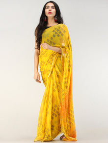Yellow Green Hand Block Printed Chiffon Saree with Zari Border - S031704556