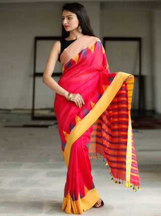 Red Yellow Purple Handwoven Linen Jamdani Saree With Tassels - S031703775