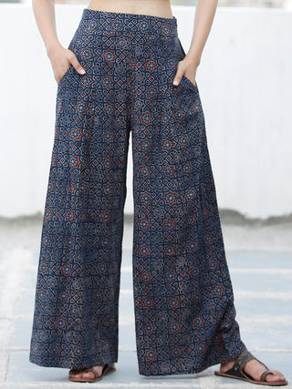 Indigo Red Black Ajrakh Hand Block Printed Semi Elasticated Waist Pleated Cotton Palazzo - P11F1591
