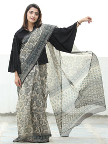 Beige Indigo Black Hand Block Printed Kota Doria Saree  - S031704071