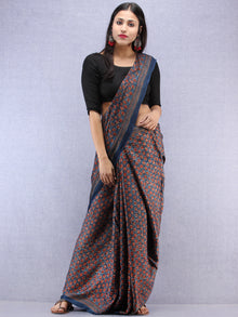 Red Beige Indigo Ajrakh Hand Block Printed Modal Silk Saree - S031704446
