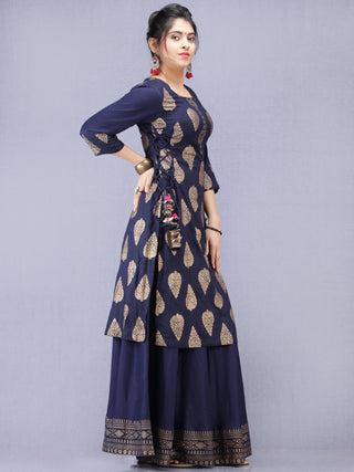 Aalia - Indigo Gold Block Print Kurta & Skirt Dress With Tassels - D380F2001