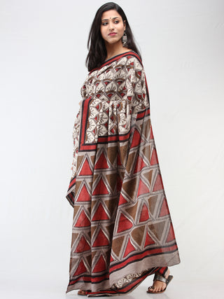 Beige Brown Red Hand Block Printed Cotton Mul Saree - S031704454