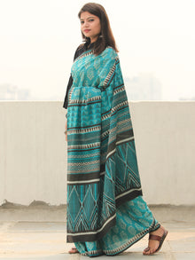 Sea Green Ivory Hand Block Printed  Cotton Mul Saree - S031704101