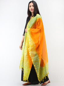 Kota Doria Tie & Die Dupatta  With Zari Border - Parrot Green & Orange - D04170895