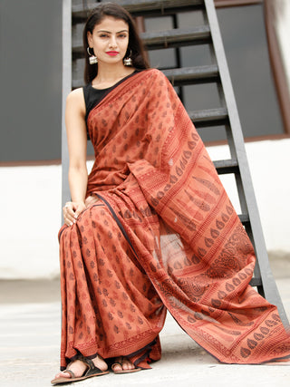 Blush Maroon Black Bagh Hand Block Printed Cotton Saree - S031703820