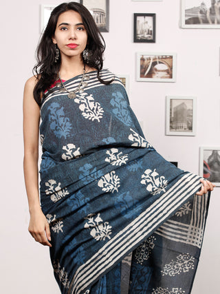 Indigo White Grey Hand Block Printed Cotton Mul Saree - S031703483