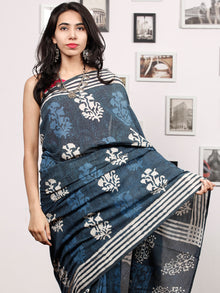 Indigo White Grey Hand Block Printed Cotton Mul Saree - S031703483