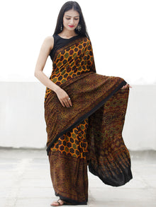 Yellow Green Black Maroon Ajrakh Hand Block Printed Modal Silk Saree in Natural Colors - S031703697