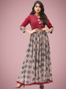 Fiza - Maroon Beige Hand Block Bagh Printed Urave Cut Long Dress - D397F2088