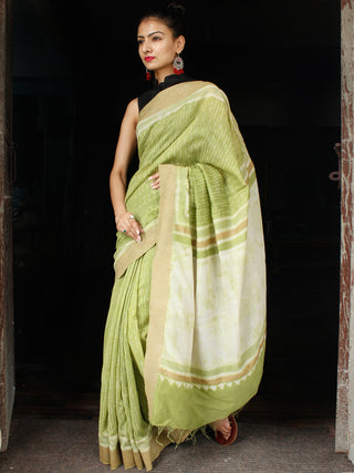 Green Ivory Chanderi Silk Hand Block Printed Saree With Geecha Border - S031703610