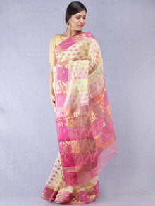 Banarasee Organza Saree With Zari & Resham Work - Ivory Pink & Gold - S031704310