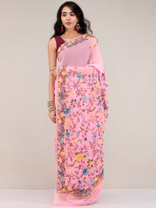 Baby Pink Aari Embroidered Georgette Saree From Kashmir - S031704626