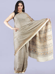 Ivory Indigo Mustard Ajrakh Hand Block Printed Modal Silk Saree - S031704232