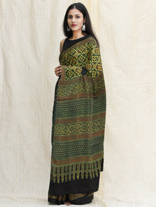 Bottle Green Black Lime Green Ajrakh Hand Block Printed Modal Silk Saree - S031704118