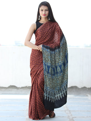 Maroon Rust Indigo Black Bandhej Modal Silk Saree With Ajrakh Printed Pallu & Blouse - S031703874