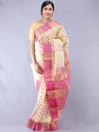 Banarasee Organza Saree With Zari & Resham Work - Ivory Pink & Gold - S031704310