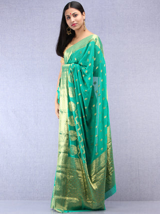 Banarasee Chiffon Saree With Golden Zari Weave - Sea Green & Gold - S031704403