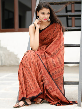 Blush Maroon Black Bagh Hand Block Printed Cotton Saree - S031703820