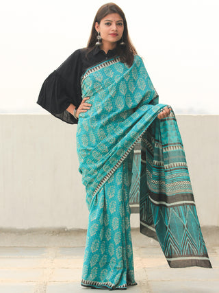Sea Green Ivory Hand Block Printed  Cotton Mul Saree - S031704101