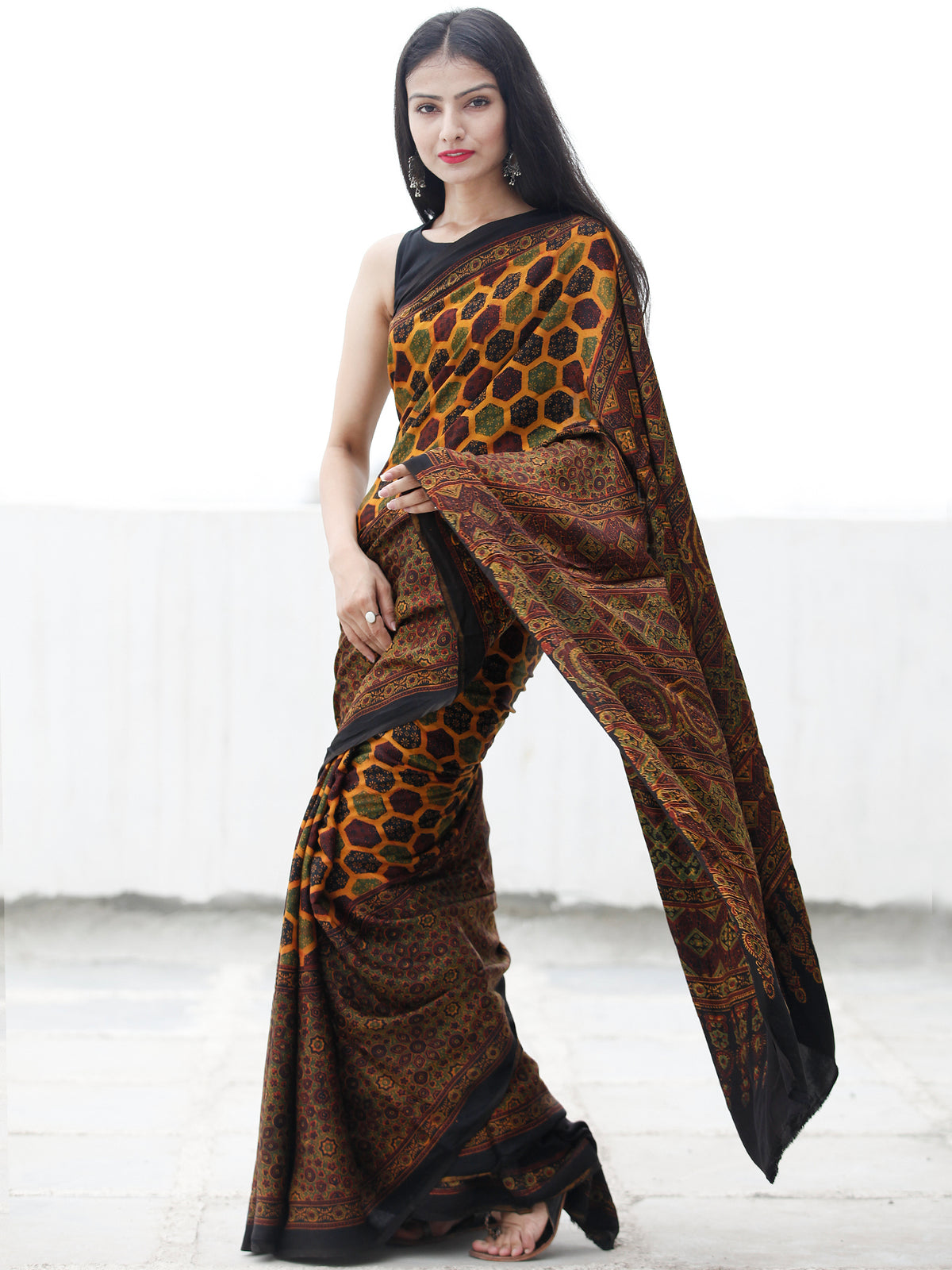 Yellow Green Black Maroon Ajrakh Hand Block Printed Modal Silk Saree in Natural Colors - S031703697