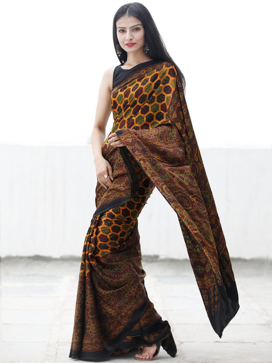 Yellow Green Black Maroon Ajrakh Hand Block Printed Modal Silk Saree in Natural Colors - S031703697