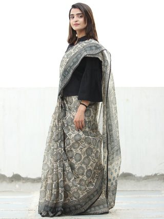 Beige Indigo Black Hand Block Printed Kota Doria Saree  - S031704071