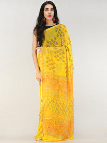 Yellow Green Hand Block Printed Chiffon Saree with Zari Border - S031704556