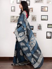 Indigo White Grey Hand Block Printed Cotton Mul Saree - S031703483