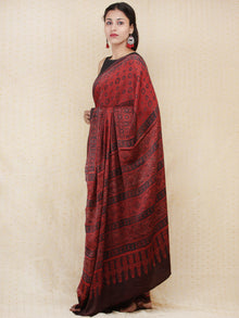 Crimson Red Black Indigo Ajrakh Hand Block Printed Modal Silk Saree - S031704153