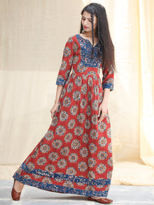 Indigo Red - Hand Block Printed Cotton Long Dress With Pockets  - D339F1825