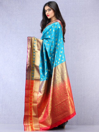 Banarasee Art Silk Saree With Resham Zari Weave - Sky blue Red & Gold - S031704380