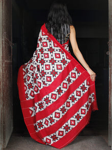 Red White Black Telia Rumal Double Ikat Handwoven Pochampally Mercerized Cotton Saree - S031703513