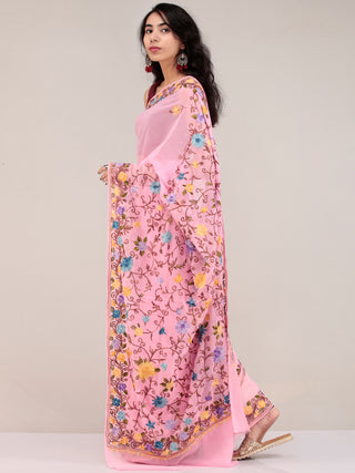 Baby Pink Aari Embroidered Georgette Saree From Kashmir - S031704626