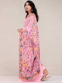 Baby Pink Aari Embroidered Georgette Saree From Kashmir - S031704626