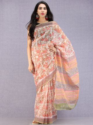 White Coral Green Hand Block Printed Kota Doria Saree - S031704586