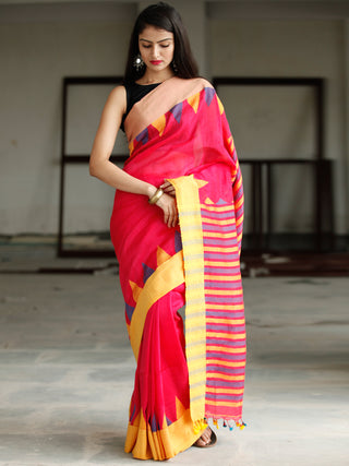 Red Yellow Purple Handwoven Linen Jamdani Saree With Tassels - S031703775