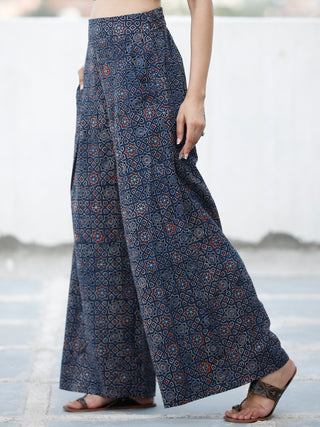 Indigo Red Black Ajrakh Hand Block Printed Semi Elasticated Waist Pleated Cotton Palazzo - P11F1591