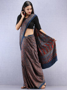 Red Beige Indigo Ajrakh Hand Block Printed Modal Silk Saree - S031704446