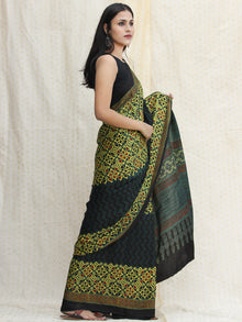 Bottle Green Black Lime Green Ajrakh Hand Block Printed Modal Silk Saree - S031704118