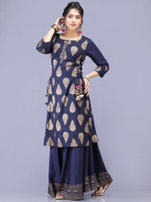 Aalia - Indigo Gold Block Print Kurta & Skirt Dress With Tassels - D380F2001